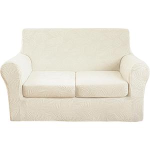 3 Pieces Velvet Loveseat Covers for 2 Cushion Couch Stretch Sofa Covers Washable Dog Couch Cover Embossed Leaf Design Furniture Covers for Sofa (Leaf Ivory, Loveseat)