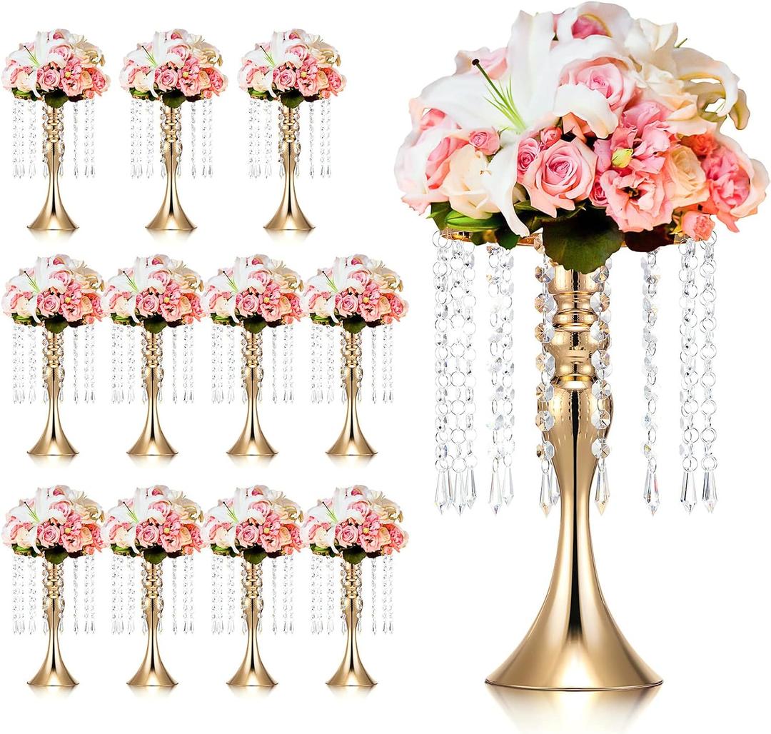 Unittype 12 Pcs Wedding Centerpieces for Tables 13 Inch Tall Crystal Flower Stand Floral Vases for Tabletop Flower Arrangement Stand Anniversary Baptism Party Reception Mother's Day Decor (Gold)