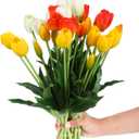 Riceshoot 6 Bunches Artificial Tulips Flowers 30 Pcs Real Touch Flower Soft Faux Tulips Bouquets Arrangements Realistic Flowers for Office Wedding Party Kitchen Decoration(Warm Color)