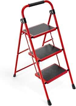 KINGRACK Step Ladder, 3 Step Ladder with with Anti-Slip and Wide Pedal, Portable Foldable Step Stool with Handgrip, Tall Sturdy Step Ladder for Home Kitchen Household, Red