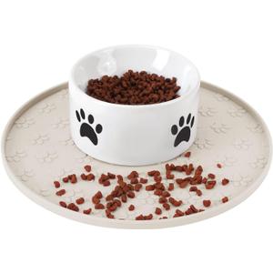 Silicone Pet Food Mat - Waterproof Dog Food Bowl Mat Cat Feeding Mat Thicker Pet Placemat Eating Mat with High Lip to Prevent Spills, Dog Cat Water Bowl Mat for Messy Drinkers to Protect Floors, Beige