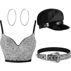 Tisancy 4 Pcs Rhinestone Bustier Top Costume Women's Push up Crop Top Diamond Belt Chauffeur Hat Earrings Hoop XS