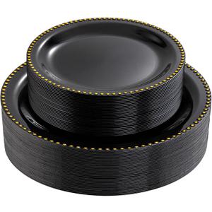 Rubtlamp 60Pcs Black Gold Plastic Plates, Black Disposable Plates With Gold Beaded, Heavyduty Plastic Plates, Halloween Plates Include 30 Dessert Platos, 30 Dinner Platos for Party