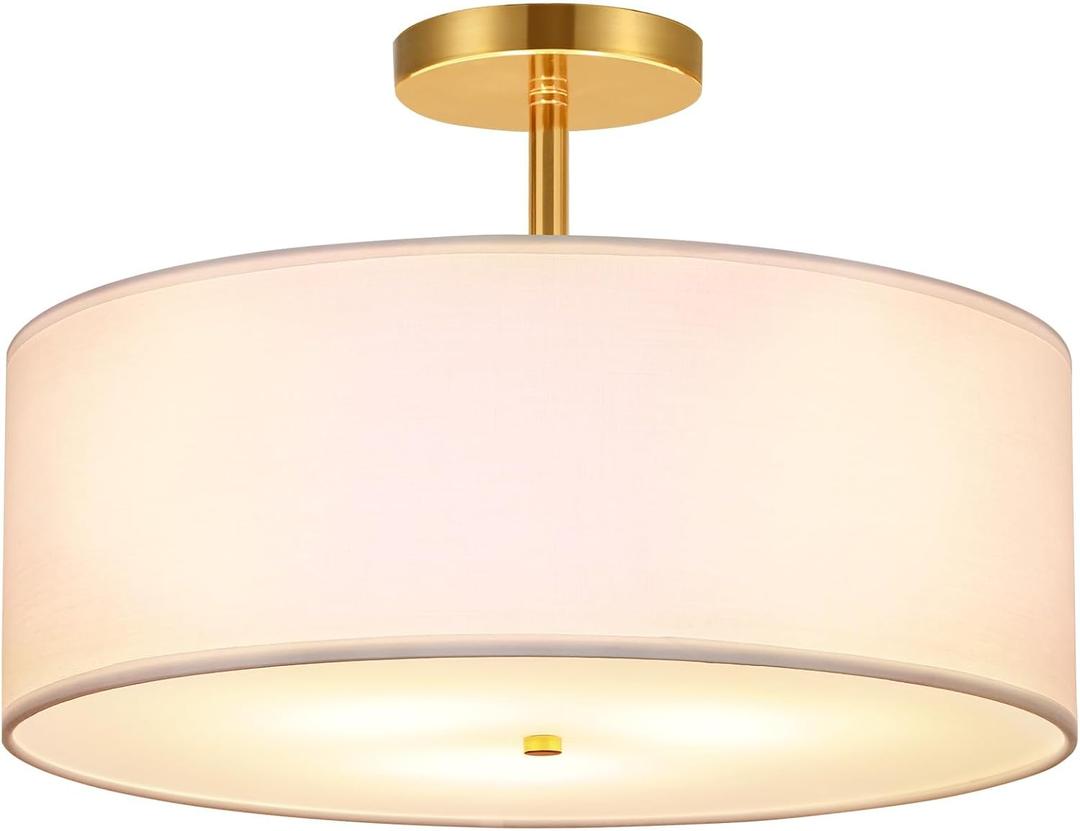 FRIDEKO HOME 3-Light Semi Flush Mount Ceiling Light Fixture, 15.74" Gold Drum Light, Modern Close to Ceiling Light with White Fabric Shade Lamps for Bedroom Living Room Kitchen Hallway Entryway Foyer