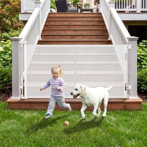 Weatherproof Outdoor Retractable Baby Gate with Rust-Proof Stainless Steel Hardware& Waterproof Mesh, 60" Wide Retractable Dog Gate with Support Rods to Prevent Crawling Through, Mesh Dog Gate Outdoor