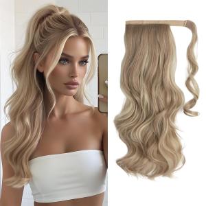 CJL HAIR 18" Long Ponytail Hair Extension Wrap Around Pony Tail Clip in Curly Wavy Synthetic Fake Hairpiece for Women Dirty Blonde