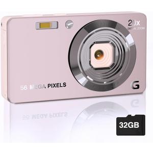 Digital Camera, 4K Cameras for Photography, Digital Point and Shoot Camera with 56Mp Autofocus 20X Zoom Anti Shake, Video Camera with 32GB SD Card for Adults, Teens, Beginners(Pink) (Pink)