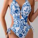 OYOANGLE Women's Floral Print Halter Neck One Piece Swimsuits Cut Out tie Backless Bathing Suit Beach Monokini L
