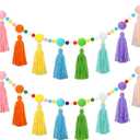 Janinka 2 Pcs 13 Feet Rainbow Pom Pom Tassel Garland Large Colorful Classroom Boho Tassel Banner Back to School Wall Hanging Decor for Classroom Home Nursery Baby Shower Party Supplies (Pastel Color)