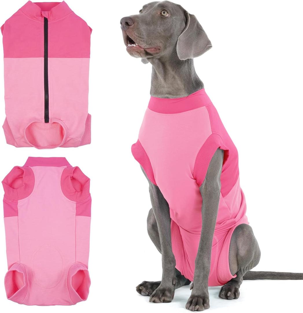 Kuoser Recovery Suit for Dogs with Back Zipper, Comfy Female Doggie Onesie for Surgery, Post-Op Onesie for Female & Male Dogs, Pink, Large
