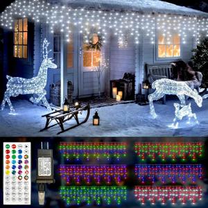 49FT, 128 Functions Christmas Icicle Lights Outdoor with 504 LED, 8 Modes and Timer Curtain Lights Outside for Garden Holiday Gatherings Indoor Outdoor Decorations, Red, Green, Blue