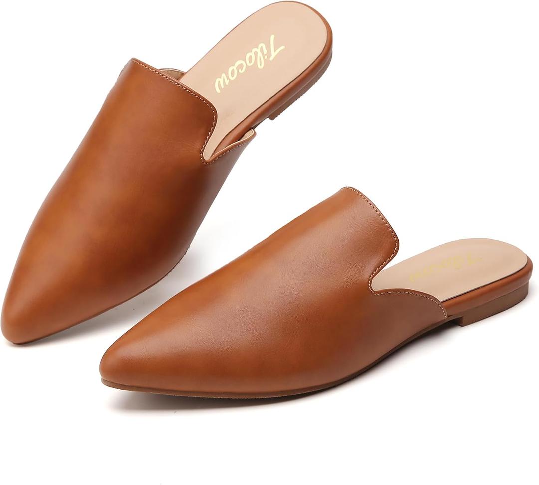 Tilocow Mules for Women Flats Pointed Toe Slip On Backless Loafers Flat Mule Business Casual Shoes Slides C Brown US 6