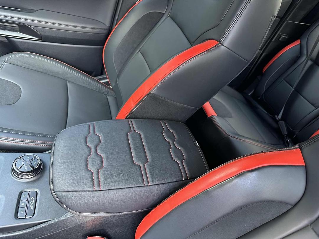 Muslogy Center Console Armrest Cover Compatible with Ford Ranger 2024 2025 Accessories Comfort Armrest Pad Cushion Box Lid Cover Vegan Leather Protector Regular Thick(Black/Orange Stitching)