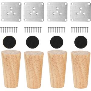 Set of 4 Nature Wood Furniture Leg, 4 Inch Round Sofa Feet Replacement Legs, Chair Bed Closet Cabinet Furniture Feet with Metal Mounting Plates,Screws, Floor Protector Pads for Table Couch