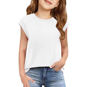 Floral Find Girls Casual Crewneck Cap Sleeve T Shirts Summer Tunic Tops Loose Fit Cute Tee, White, 12-13Y