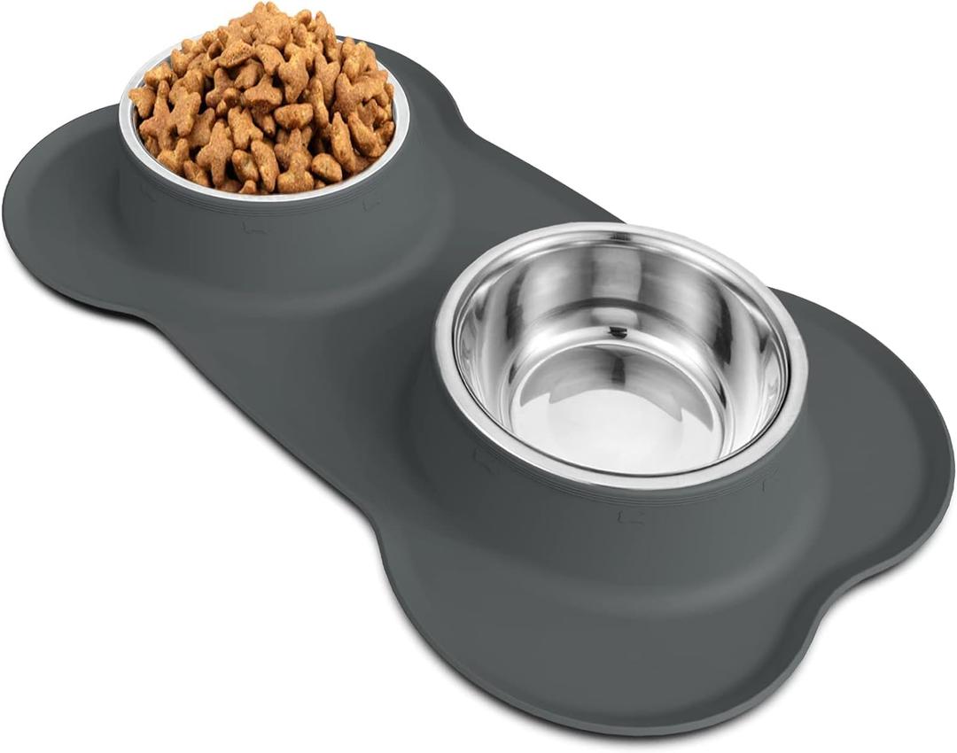 AsFrost Dog Food Bowls, BPA Free Stainless Steel Dog Food and Water Bowl Set, 2 Large Dog Bowls with No Spill Non-Skid Silicone Mat, Dog Dishes for Medium Large Sized Dogs Pet Bowls, 6 Cup, Grey (6 Cup/50 oz each)