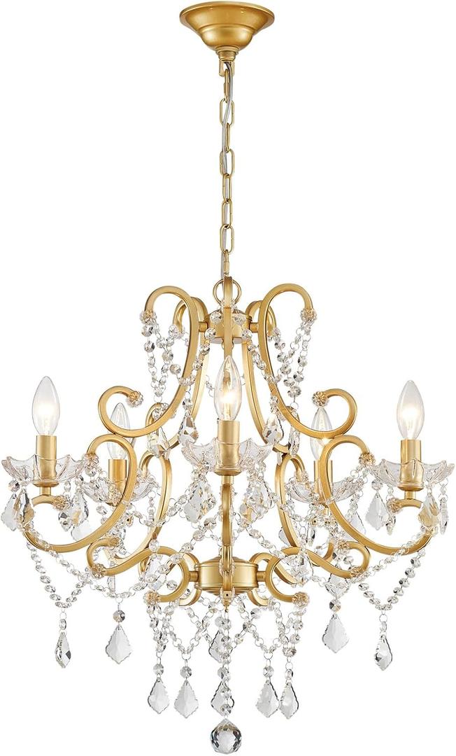 Crystal Chandelier, 5-Light Gold Chandelier for Dining Room Light Fixture, K9 Crystal Pendant Ceiling Light Fixture, Modern Candle Chandelier for Living Room Kitchen Island Entryway Bedroom (27" High 22.7" Wide)