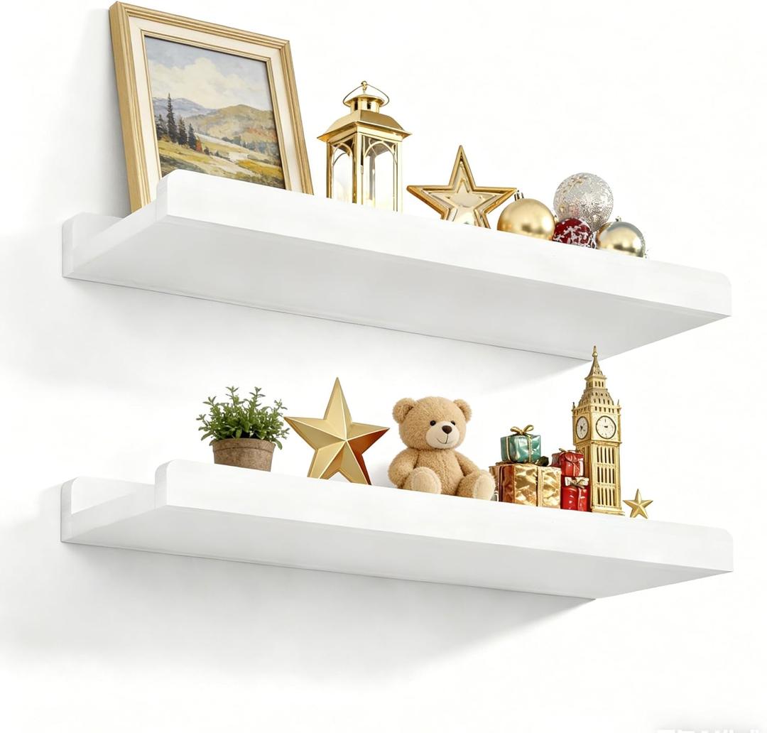 Love-KANKEI Floating Shelves Wall Mounted Set of 2, 17 Inch Rustic Wood Wall Shelves for Storage, Bedroom Living Room Bathroom Kitchen Office and More White