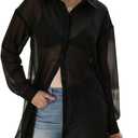 Gihuo Women s Sheer Blouse Mid Long Button Down Shirt Mesh Shirt Sexy See Through Top (Black)