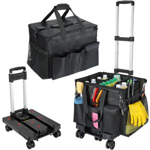 Extra Large Rolling Cleaning Caddy Bag with Detachable Trolley, Upgraded 360 Free Rotating with 5 Wheels and Dust-Proof Lid, Professional Cleaning Supplies Bag for Housekeepers, Black