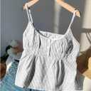 Women's Striped Button Front Flared Camisole Tops Shirred Spaghetti Strap Tank Top (S)