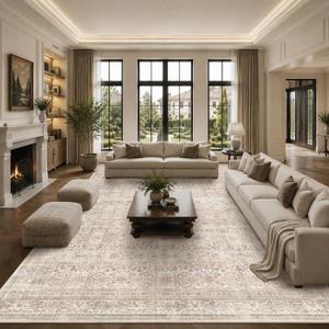 Schweek 10x14 Washable Large Area Rug Beige Neutral Vintage Distressed Rugs