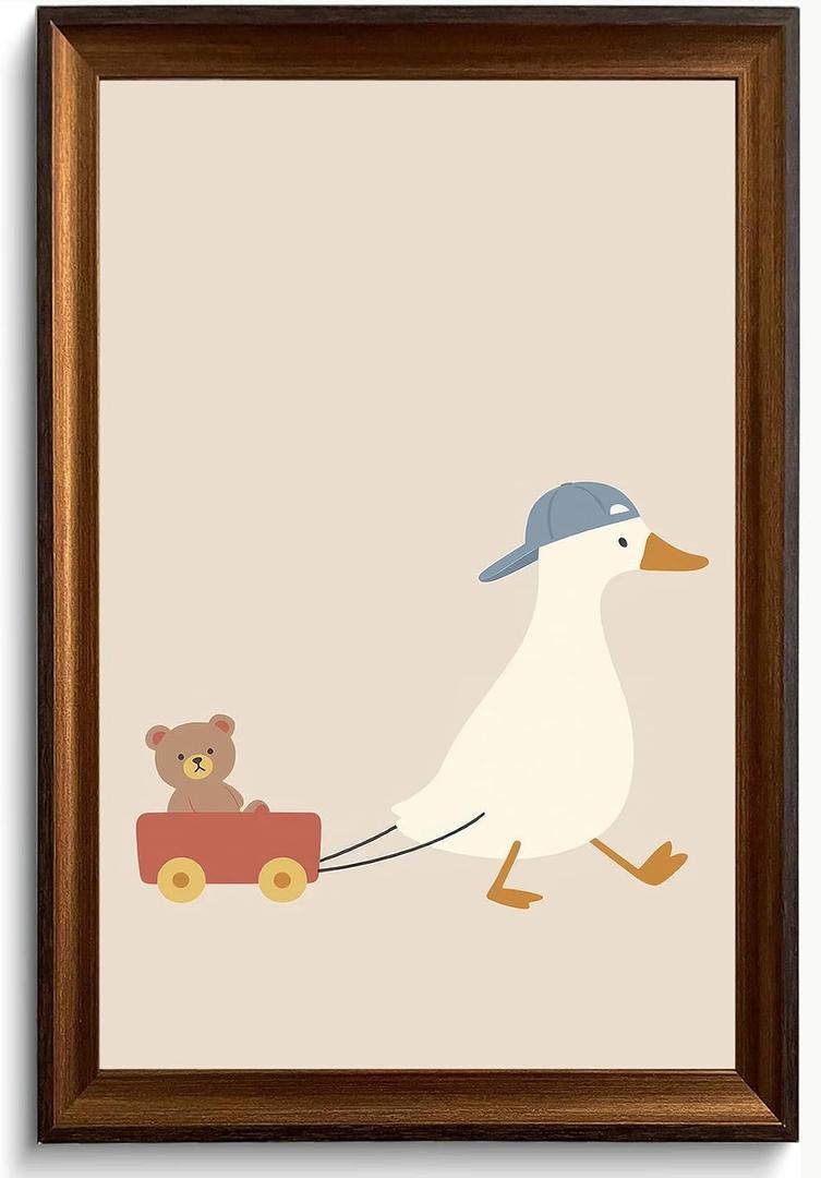 Framed Funny Goose Pulling Toy Wall Decor Pictures Nursery Artwork Print | Kids Room Cute Duck Painting Print Farmhouse Animal Artwork Posters for Playroom Bedroom Ready to Hang 16x24in
