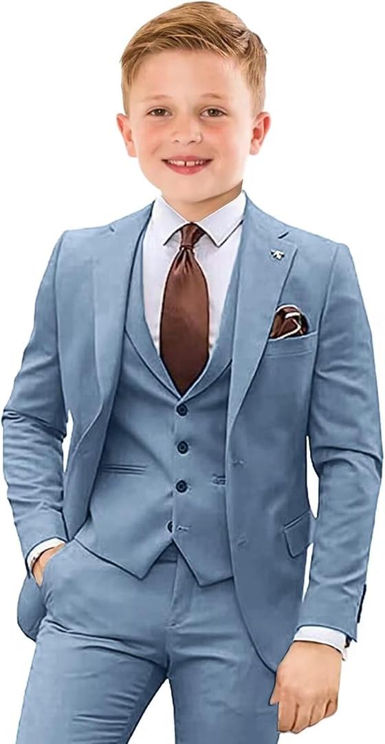 Boys Suit 4 Piece Slim Fit Kids Tuxedo Suit Formal Wedding Outfit Blazer Vest Pants Set with Tie (Blue)  14 Y