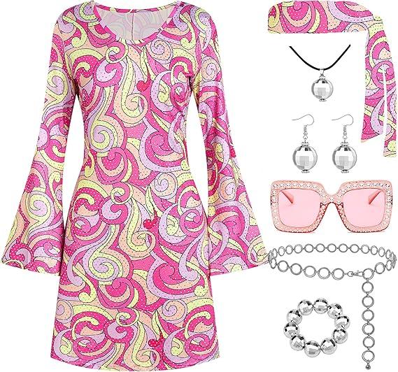 70s Disco Outfit Women, 7 PCS 70's Disco Dress Costume Hippie Clothes Accessories Jewelry Halloween M