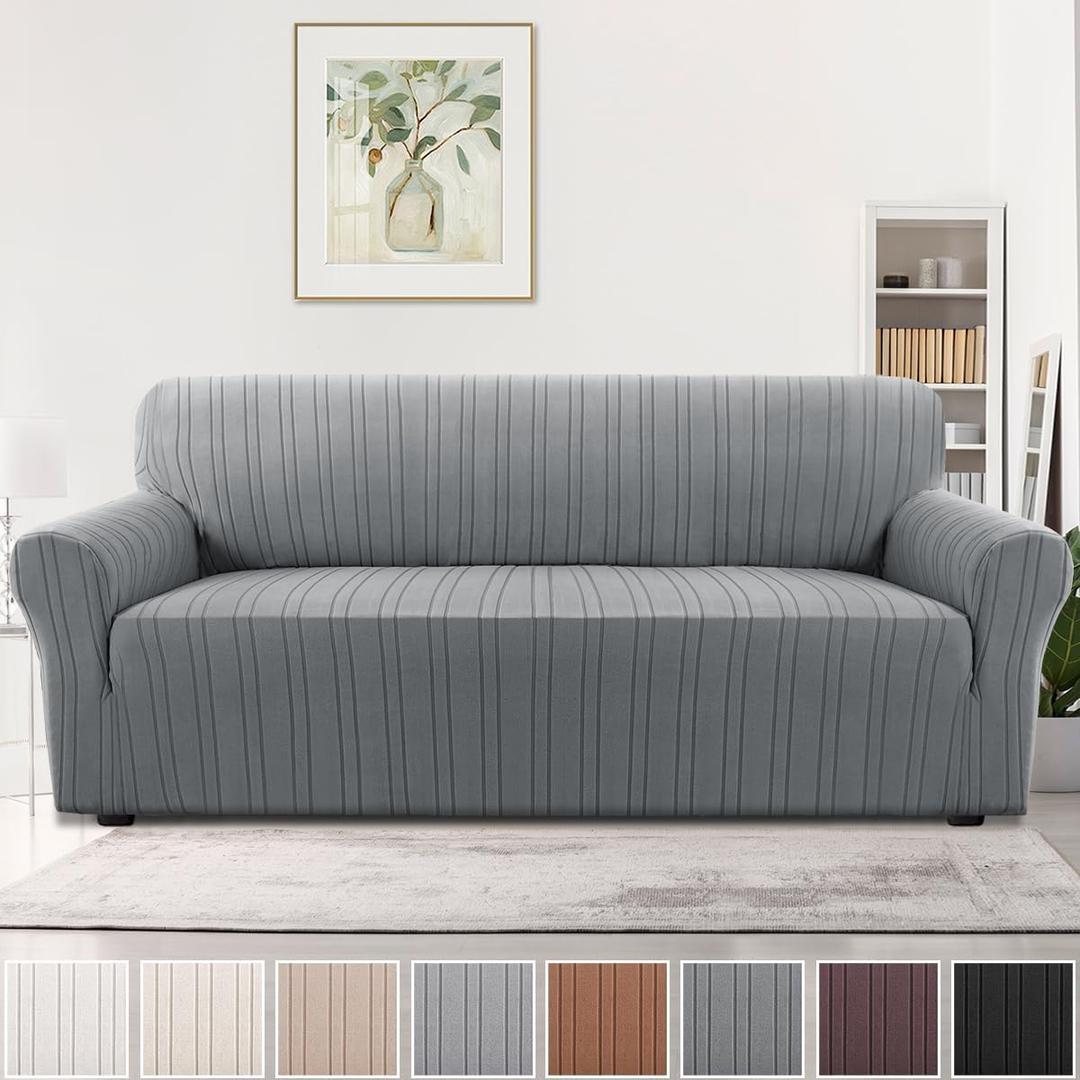 H.VERSAILTEX High Stretch Sofa Slipcover 1-Piece Couch Cover Non Slip Sofa Cover with Elastic Bottom Thick Soft Sofa Covers Washable Polyester Spandex Jacquard Fabric Stripe Design(Sofa, Grey)