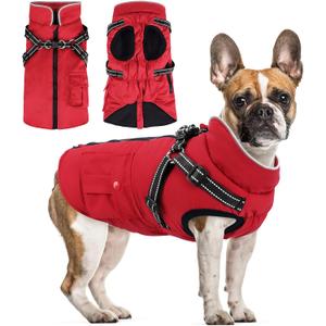 Red Winter Dog Coat with Harness & Jacket - Waterproof Zipper Fleece, Warm Reflective for Small Dogs