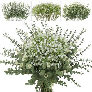 lovemoon Mixed Greenery Artificial Eucalyptus Stems, Baby Breath Artificial Flowers Bulk and Eucalyptus Leaves for Wedding Bouquets Home Office Floral Decor (100, Green and White)