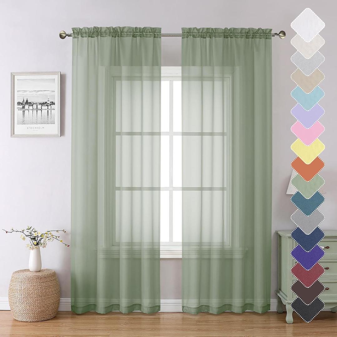Sage Green Sheer Curtains 84 Inches Long 2 Panels Set, Solid Voile Light Filtering Airy Window Treatments for Living Room, Elegant Bedroom Sheer Curtain Drapes, Sage Green, 40" W x 84" L