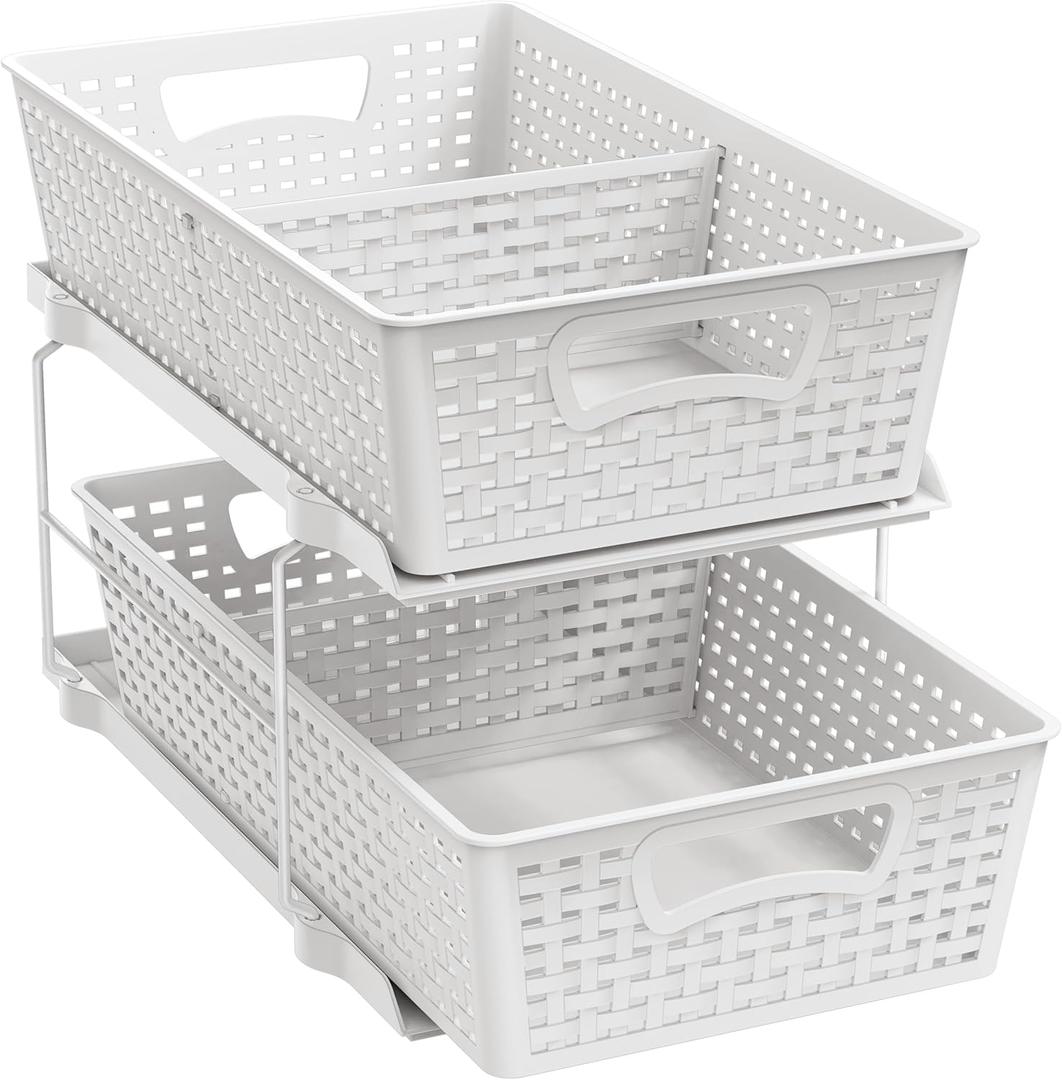 Simple Houseware 2 Tier Bathroom Organizer Tray Pull-Out Sliding Drawer, Under Sink Storage, White