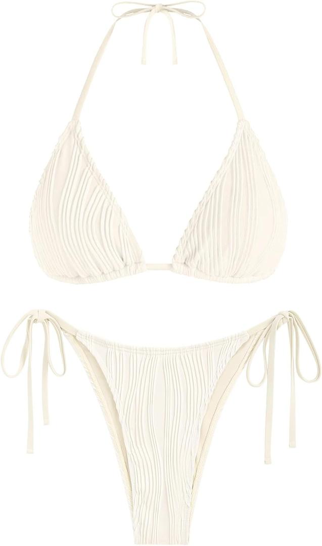 ZAFUL Triangle Bikini for Women 2 Piece Halter Bikini Sets Sexy High Cut Bathing Suit Side Tie Wave Textured Swimsuits (Large, 0-wave-beige)