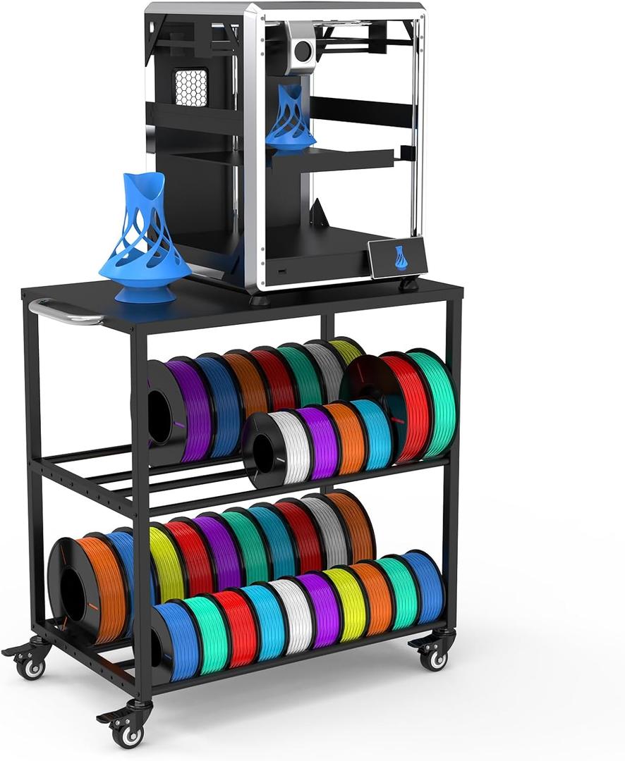 Demao 3-Tier Metal 3D Filaments Organizer Shelf Black,3D Printer Filament Storage Rack with Wheels,Holds up 40×1kg Spools&Small 3D Printer-Suitable for Offices, Home & Studios