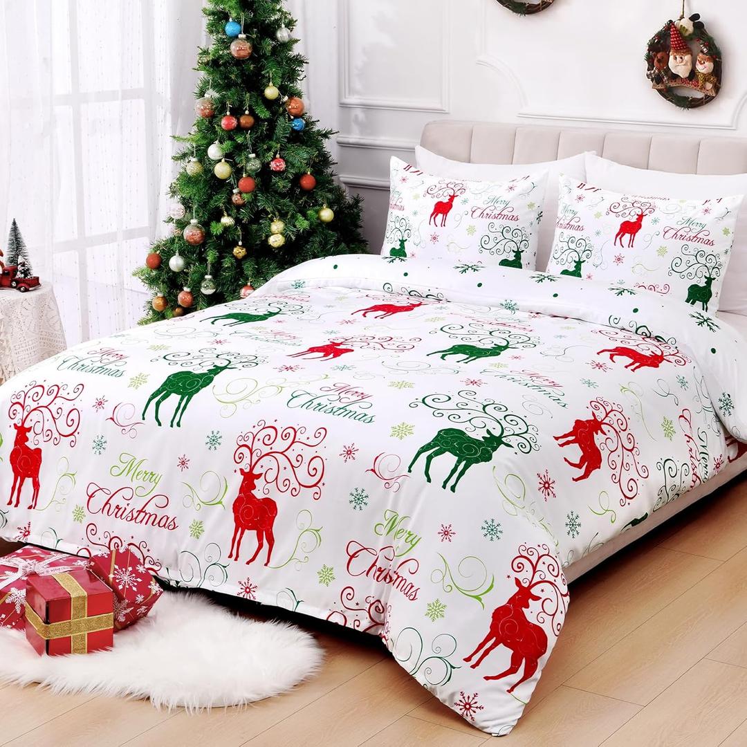 FRAMICS Christmas Duvet Cover Queen Size, Soft Microfiber Reindeer Comforter Cover Set with Zipper Closure, Merry Christmas Bedding with 4 Corner Ties, 1 Duvet Cover 90"x90" + 2 Pillowcases