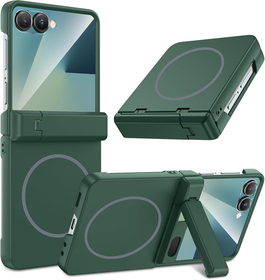 Maxdara for Z Flip 7 Magnetic Case, with Hidden Kickstand & Compatible with MagSafe & Hinge Protection & Built-in Screen Protector Phone Cover for Samsung Galaxy Z Flip 7, Green (Magnet)