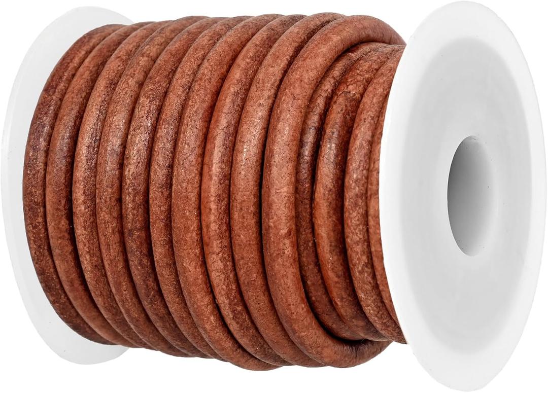 GENIQUE Real/Genuine Round Leather String Cord for Necklace, Bracelets, Jewellery, Braiding (Light Brown Distressed, 4mm)
