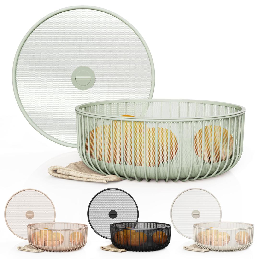 LIBKEN Metal Fruitbasket with Mesh Lid and Basket - Fruit and Vegetable Holder For Kitchen Counter - Countertop Display Baskets Organizer - Bowl Storage for Veggie, Fruits, Snack, and Banana - Green
