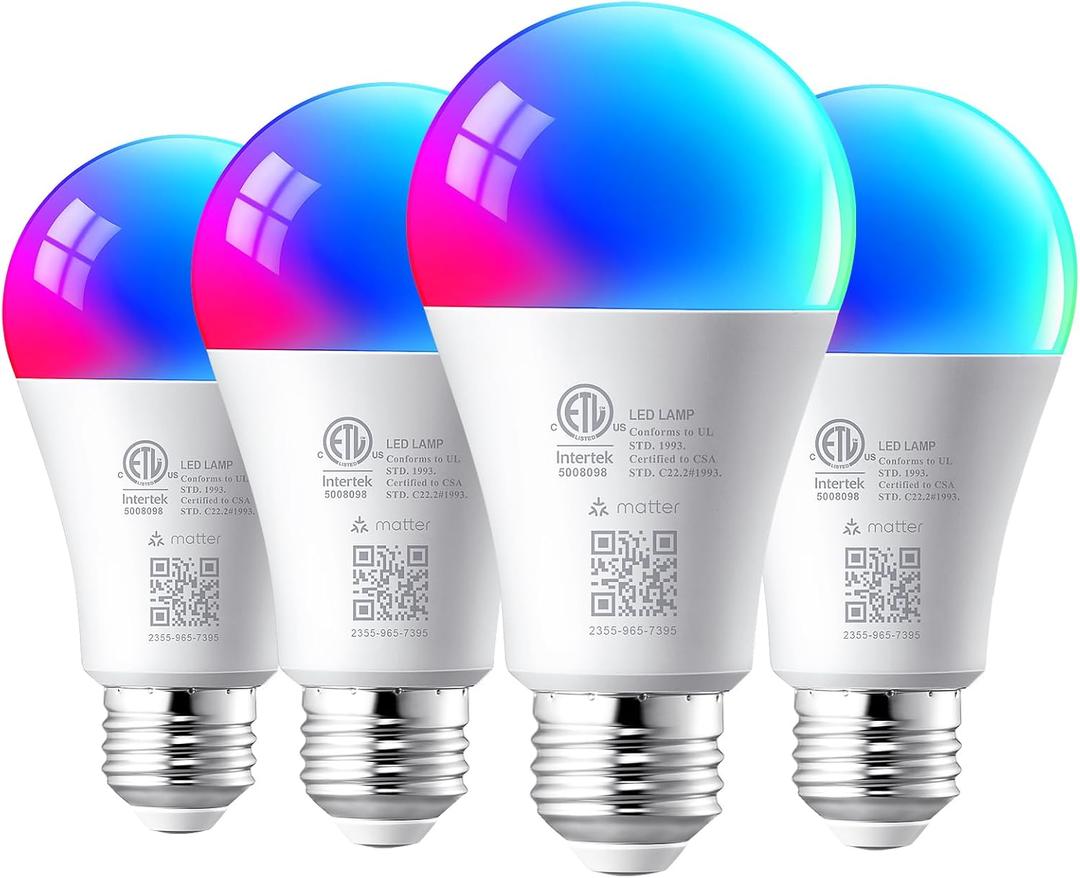 EDISHINE Christmas Light Bulb, Smart Bulbs Work with Apple Home/Alexa/Google Home/SmartThings, RGBTW Color Changing Light Bulb for Christmas Decor, 2.4GHz WiFi Bulb, 800LM 9W, A19, E26, 4PCS