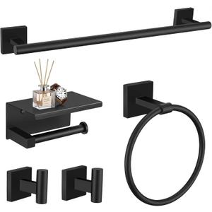 TURS 5-Pieces Matte Black Bathroom Hardware Set 23.6 Inch SUS304 Stainless Steel Towel Bar Set Wall Mounted Square Toilet Paper Holder with Shelf