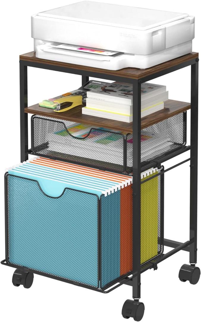 Rolling File Cart with 2 Storage Drawers, Wood & Mesh Hanging File Folder Organizer with Wheels Under Desk, File Cabinets for Home Office, 14.7" L x 11.8" D x 25.3" H