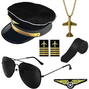 Qyyiguf 6 Pcs Airline Pilot Captain Costume Kit with Aviator Sunglasses,Pilot Costume Accessories Set for Aviation Halloween Dress Up (Black)