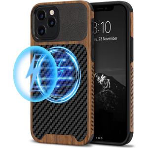 TENDLIN Magnetic Case Compatible with iPhone 12 Pro/iPhone 12 Wood Grain with Carbon Fiber Texture Design Leather Hybrid Slim Case (Compatible with MagSafe) Black