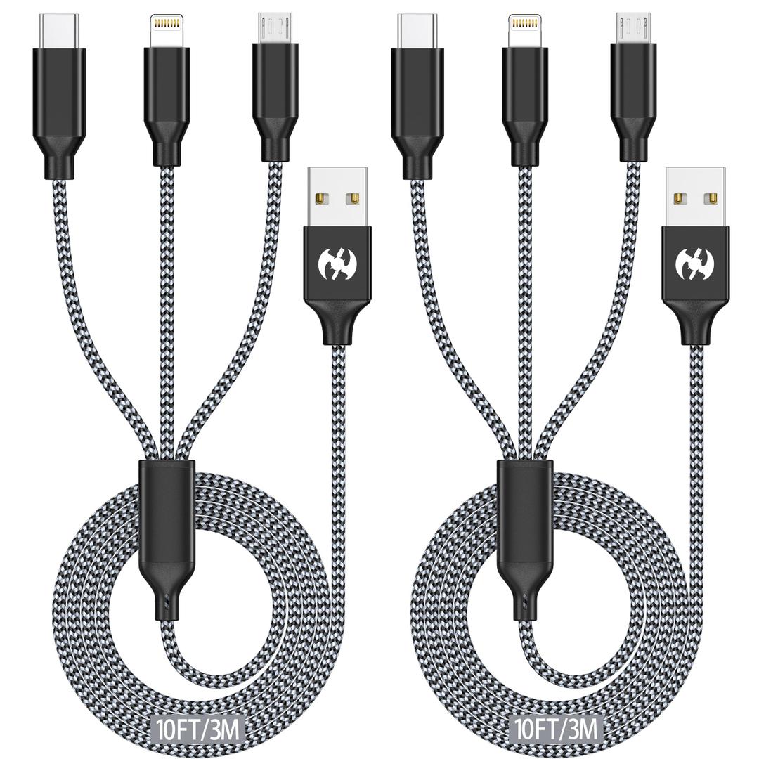 Multi Charging Cable, 10ft 2Pack Multi Phone Charger Cable Braided Universal 3 in 1 Charging Cord Extra Long Multiple USB Cable with USB C, Micro USB Port Connectors for Cell Phones and More
