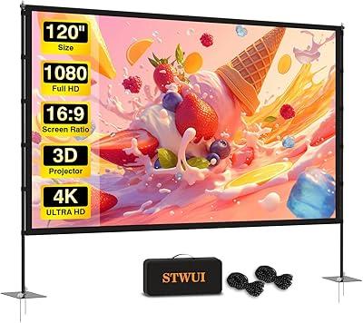 Outdoor-Projector-Screen-with-Stand - 120 inch Portable Projector Screen Indoor Outdoor Projector Screens 16:9 4K HD Lightweight Movie Screen with Carry Bag for Backyard Movie Night