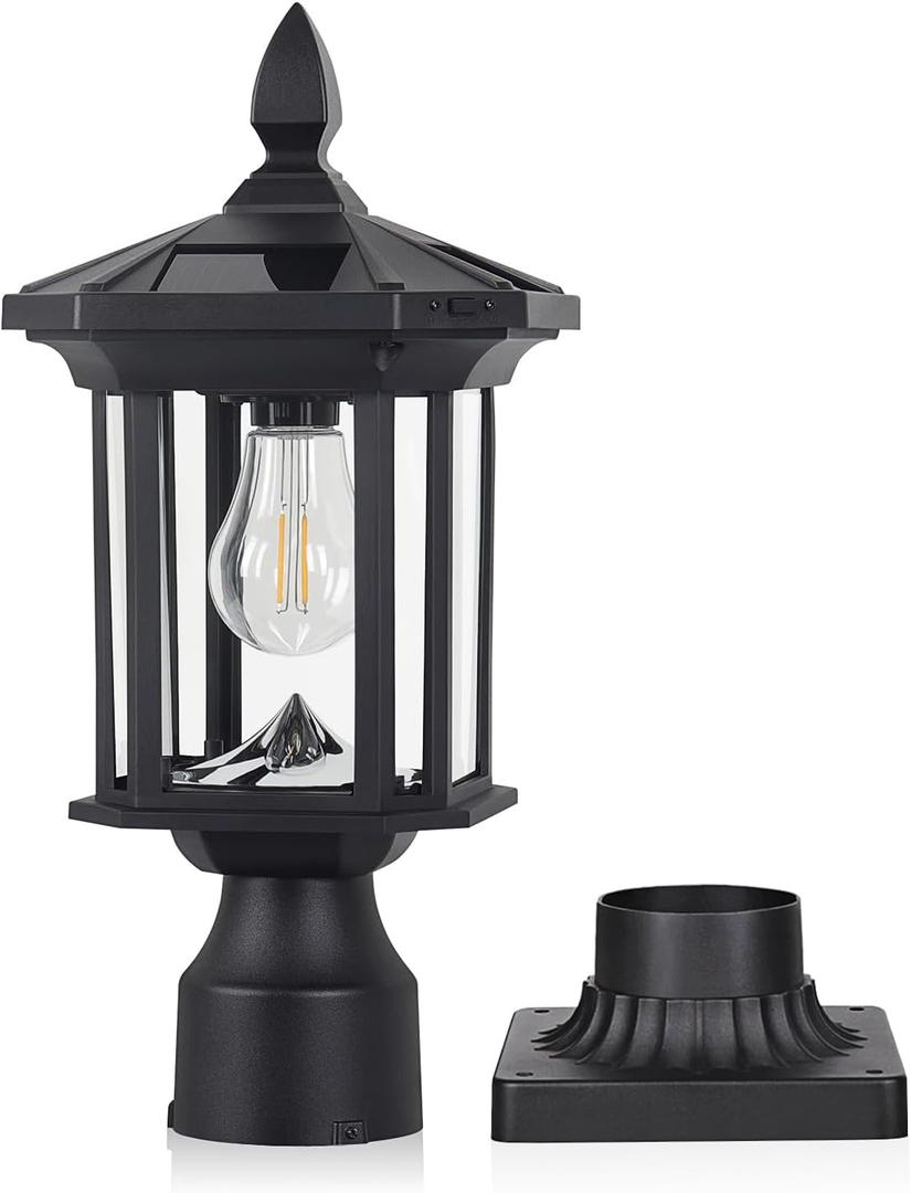 Solar Post Light, Outdoor Waterproof LED Pillar Lights with Glass and Pier Mount Base Solar Lamp Post Light ST4368Q Fits 6x6 Wooden Posts for Gates Yard Pole Column Garden Deck Pathway Driveway, 6.7 inches x 6.7 inches x 16.5 inches