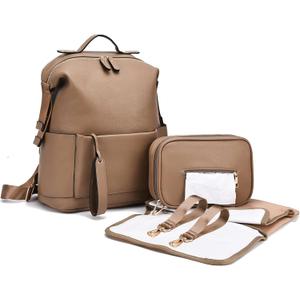 Diaper Bag Backpack Leather Backpack for Women Travel Dad Mother Outdoor Backpack with Changing Pad Stroller Straps(2 pieces) Khaki