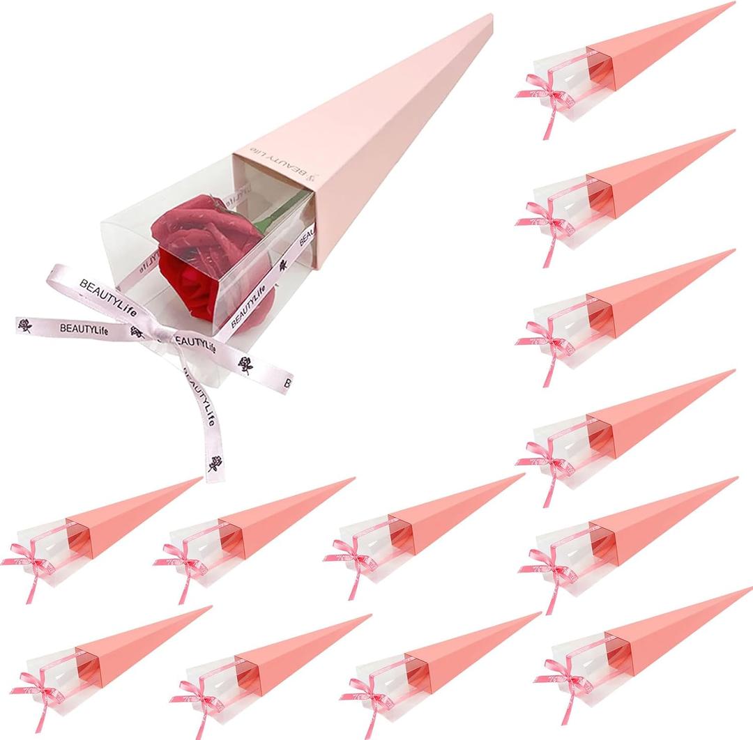 12 Pcs Flower Bags for Bouquets Single Rose Sleeve Box Transparent Triangle Rose Bag DIY Flower Wrapping Paper for Graduation Wedding Birthday Floral Arrangement (Pink)